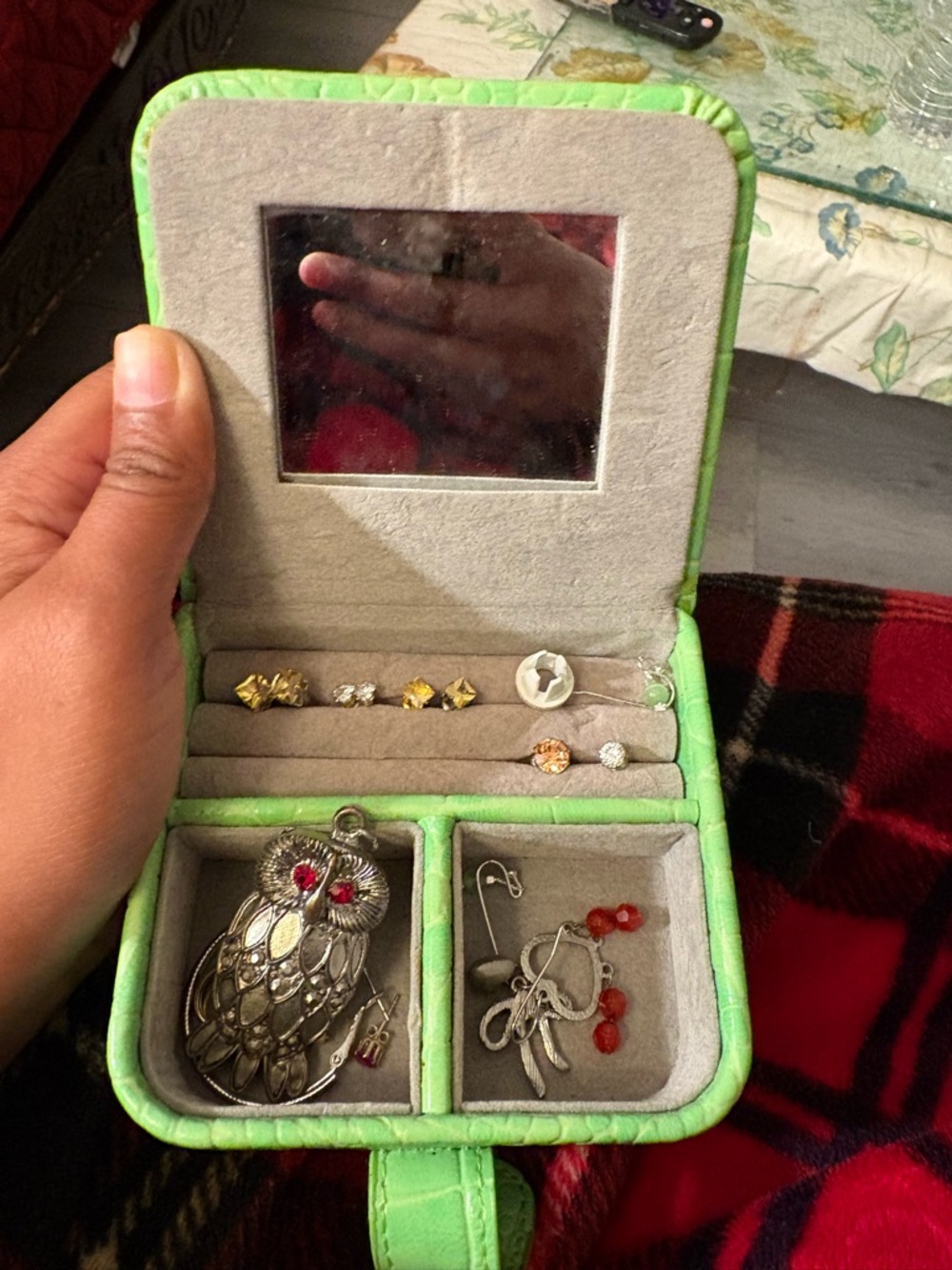 Compact Green Travel Jewelry Box with Mirror